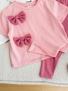 女宝宝夏季可爱粉色蝴蝶结短袖上衣和裤子 2 件套 - 粉色 - 查看 6