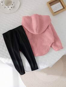 2 件女婴可爱羊毛长袖字母印花连帽卫衣和针织打底裤套装，秋冬