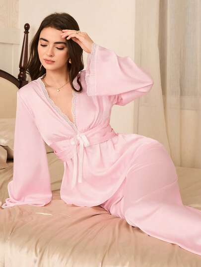 Moireta 优雅法式女士舒适蕾丝边荷叶边撞色蝴蝶结装饰睡衣套装，浅粉色真丝睡衣套装，粉色真丝睡衣套装，真丝睡袍裤套装，女士真丝睡衣，冬季服装