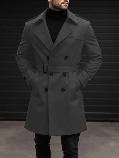 Manfinity Mode 男士街头风 INS 同款黑色纯色防尖领双排扣翻领宽松长袖风衣，纯色休闲风衣，男友老公周年纪念礼物，灰色