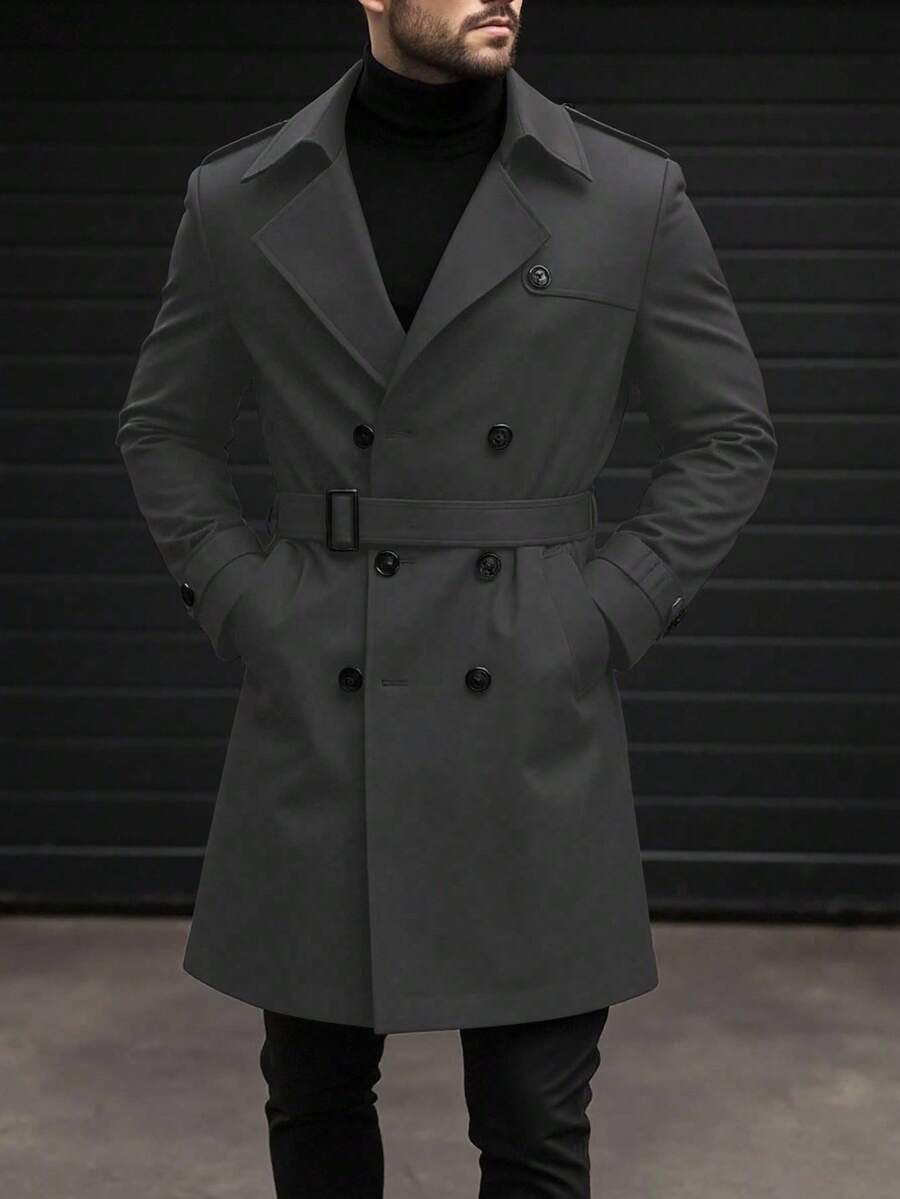 Manfinity Mode 男士街头风 INS 同款黑色纯色防尖领双排扣翻领宽松长袖风衣，纯色休闲风衣，男友老公周年纪念礼物，灰色 - 深灰色 - 查看 1