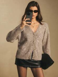 Poéselle 女式亮片拼布V领纽扣休闲长袖开衫 - 駝色 - 查看 8