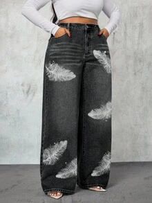 Slaydiva Quần jean ống rộng cạp cao họa tiết lông vũ cỡ lớn cho nữ - màu đen - Xem 8