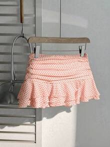 Elamini 时尚褶皱分层装饰甜美设计迷你裙优雅波尔卡圆点荷叶边下摆度假风格 A 字裙 - 藕粉色 - 查看 3