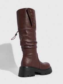 Daringsoles Kozaki na platformie z grubą podeszwą, sięgające do kolan, elastyczne buty, modne buty na grubym obcasie z okrągłym noskiem, uniwersalne buty damskie - Brązowy - Zobacz 5