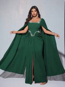 Viva Relle Elegantes, romantisches, luxuriöses Maxikleid für Damen in Große Größen für Bankette, Partys, Hochzeitsgäste, aus Chiffon mit Laternenärmeln, Rundhalsausschnitt, Diamantenverzierung und fließendem Stil (zufällig mit Strass verziert)