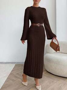 EURMUSE Cable Pattern Sweater Dress Fall Winter - Brown - View 6