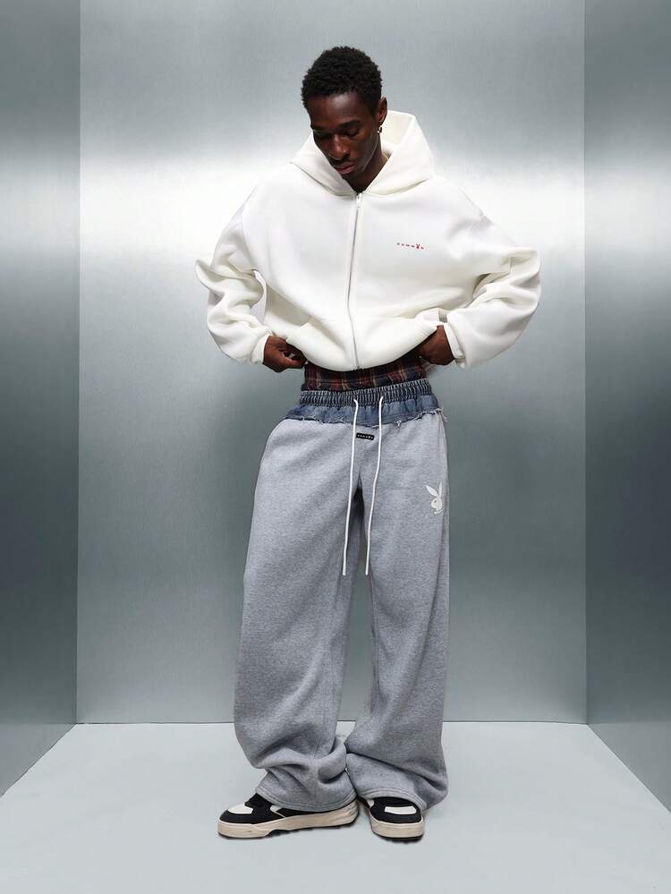 PLAYBOY X SUMWON Pantalon de survêtement à jambes larges avec panneau en denim lapin et cordon de serrage à la taille