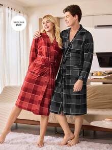 SHEIN Men's Casual Comfortable Plaid Print Long Sleeve Robe, Autumn, Winter - Black - View 6