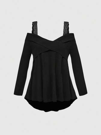 كنزة صوفية محبوكة بأكمام طويلة فضفاضة بتصميم كتف مكشوف مع تصميم لحاء الدانتيل للمقاسات الكبيرة في فصلي الخريف والشتاء