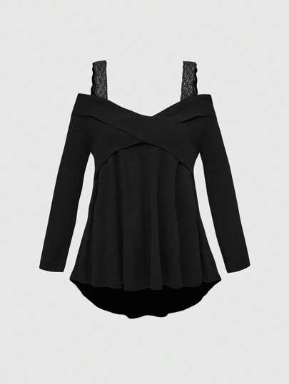 Pull tricoté ample à manches longues, avec empiècement en dentelle, épaules dénudées, en couleur unie pour l'automne/hiver