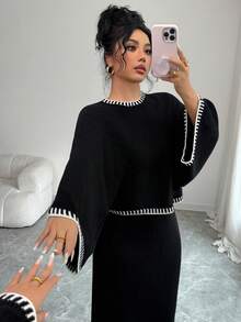SHEIN Elenzya Damen Locker Lässig Fledermausärmel Top und Farbblock Rock 2 Stücke Strickset, Herbst/Winter - Schwarz - Übersicht 3