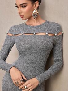 Modelyn Women's Gray Fashion Design Round Neck Long Sleeve Dress - Light Grey - View 1