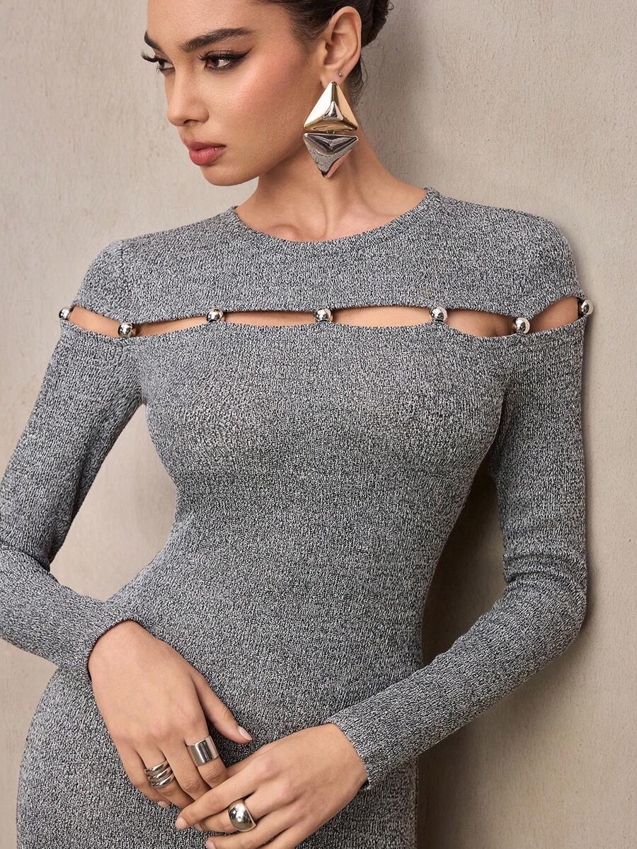 Modelyn Women's Gray Fashion Design Round Neck Long Sleeve Dress - Light Grey - View 1