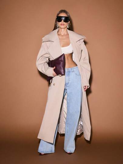 KIZN Oversized Trench Coat Belted Double Breasted Wide Lapel Classic Fall Winter Long Outerwear Sophisticated Modern Fashion Statement Piece