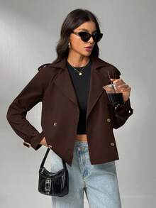 SHEIN Tall Women's Short Button Lapel Raincoat British Style Stylish Khaki Regular Hem Trench Coat With Long Sleeves For Everyday Comfort In Fall/Winter Brown Blazer Women Cropped Blazer Brown Jacket Women Cropped Jacket Oversized Jacket - Brown - View 5