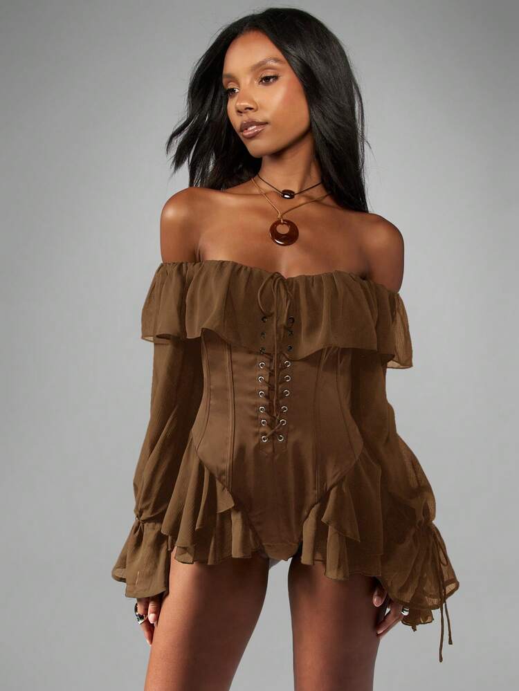 MISSGUIDED Off Shoulder Chiffon Milkmaid Bodysuit With Ruffle Sleeves And Lace Up Corset Detail