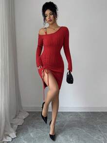 SHEIN Elenzya Anneusta 女士秋冬上衣，适合度假、独立日、劳动节、哥伦布日、感恩节、情人节、街头风、复古风、北欧风、Grunge风、韩版风、休闲装、工作装、教师装、返校季、哥特风、办公室装、商务休闲装、不对称肩部设计、毛衣、连衣裙等场合。 - 咖啡棕 - 查看 5