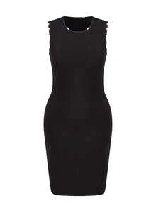 EMERY ROSE Plus Size Women Color Block Sleeveless Dress & Long Sleeve Cardigan Knitted Casual Set, Spring/Autumn - Black - View 4