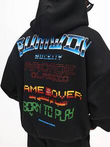 SUMWON Sudadera con capucha de ajuste cuadrado con gráficos de juegos vibrantes y capucha con cordón para uso casual en la calle - Negro - Ver 3