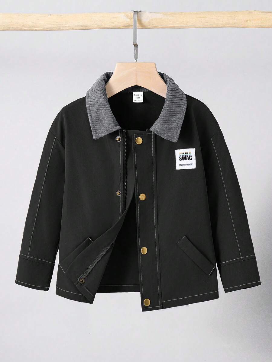 SHEIN 一件男童休闲学院风百搭撞色开襟长袖外套，适合通勤、上学、日常休闲、学院风、返校、校服、幼儿园、生日派对、晚宴、婚礼、洗礼、开学典礼、上学、旅行、运动、秋冬季穿着。 - 黑色 - 查看 1