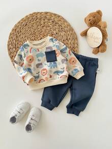 Newborn Baby Boy Cute Cartoon Pattern Long Sleeve Sweatshirt And Pants Set, Autumn/Winter - Multicolor - View 10