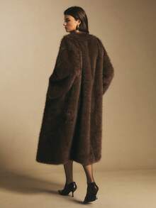 Poéselle Women's Solid Color Long Sleeve Double-Breasted Long Loose Casual Faux Fur Coat, Chocolate Brown Faux Fur Maxi Coat – Elegant Longline Winter Outerwear For Women, Holiday & New Year 2025 Statement, Cosy Winter Ideas, Baddie Street Style, Christmas Party Coat, Luxury For Women, , 70s , 70s Fashion - Brown - View 2