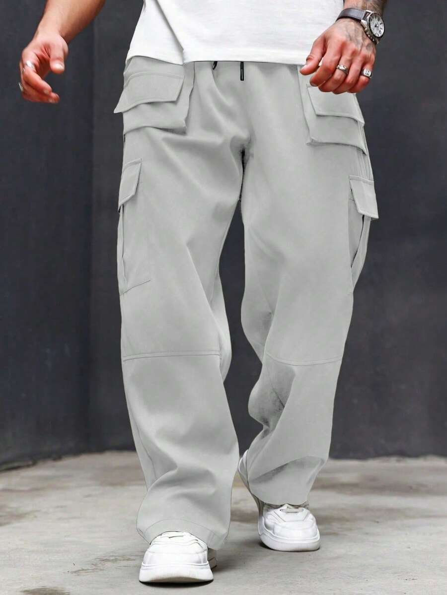 Manfinity Roughcore Men's Plus Size Solid Color Drawstring Cargo Pants With Multi-Pocket,Casual Style Baggy Cargo Pants,Black Pants For Men - Light Grey - View 1