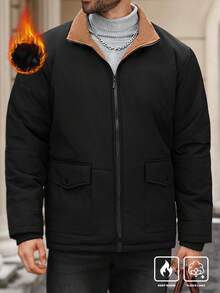 Manfinity Homme 加大码男士户外保暖拉链长袖灯芯绒衬里棉服，适合秋冬季 - 黑色 - 查看 3