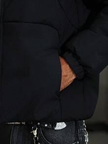 Manfinity Roghcode Abrigo casual negro acolchado para hombre, de manga larga, para otoño/invierno