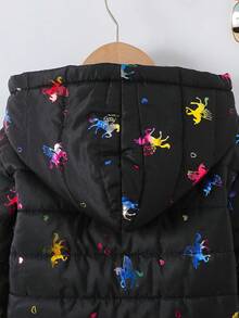 女童休闲黑色彩色独角兽印花绗缝连帽羽绒服，冬季保暖内衬 - 黑色 - 查看 3