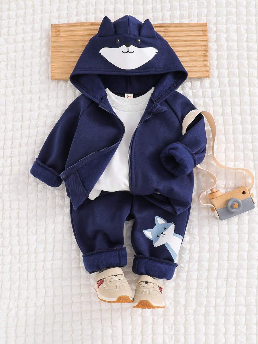 Cozy Pixies 2件套男婴卡通狐狸耳朵连帽夹克和慢跑裤套装 - 藏蓝色 - 查看 1