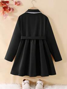 SHEIN Serisse Kids 青少年女孩纯色简约长款翻领外套，适合秋冬季日常穿着、休闲场合和返校季，保暖效果佳 - 黑色 - 查看 3