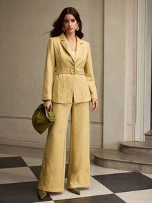 ZEYLAH Pantalones anchos con bolsillo bordado con flores elegantes y de moda para mujeres - Amarillo - Ver 7