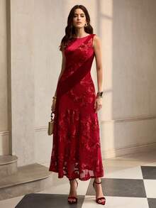 ZEYLAH Váy nhung jacquard chắp vá bất đối xứng, thắt eo thanh lịch, Thu/Đông - Màu Đỏ Sâu - Xem 5