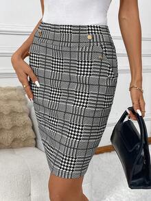 SHEIN Clasi Women's Elegant Houndstooth Print Pencil Skirt, Suitable For Work And Commute