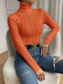 EMERY ROSE Women's Solid Color High Neck Regular Shoulder Long Sleeve Twist Knit Casual Fitted Pullover Sweater - Orange - View 4