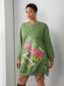 Slaydiva 2025 Autumn/Winter New Plus Size Street Style & Casual & Daily Wear & Music Festival & Party English Graphic Print Single Side Slit Tie-Up Long Sleeve Hoodie Sweatshirt For Plus Size Women,Christmas