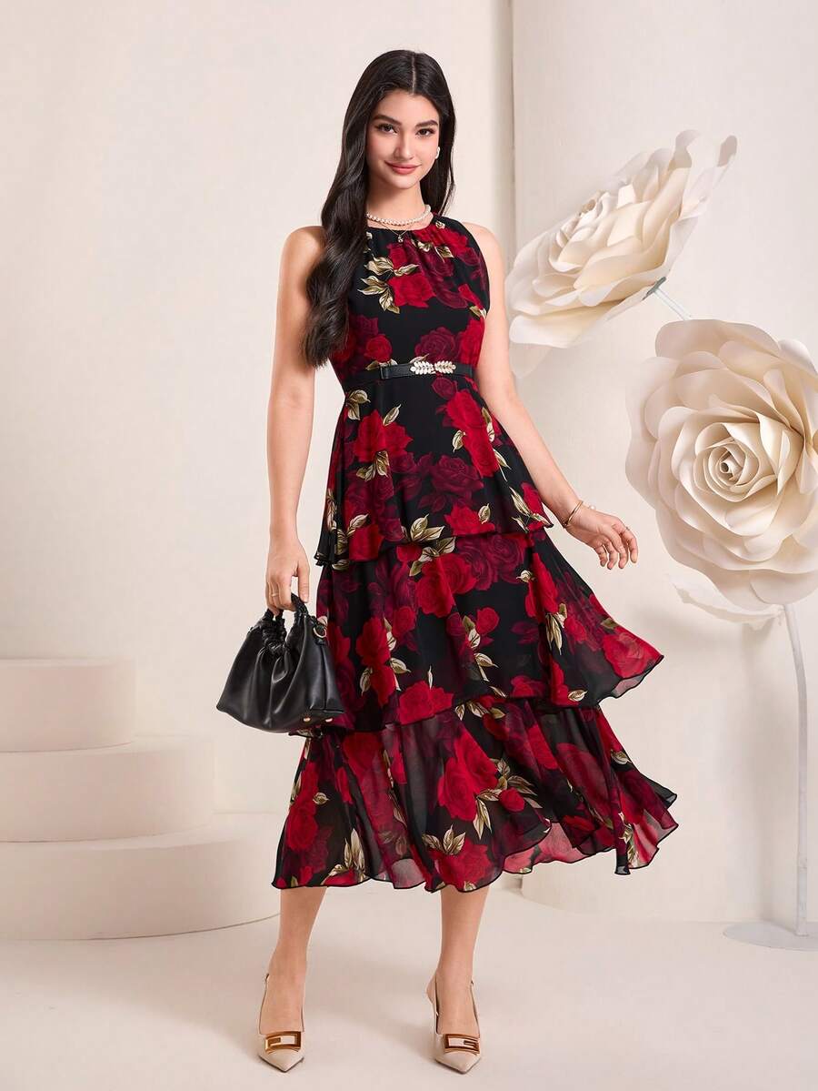 Modelyn 印花荷葉邊連衣裙不附腰帶 - 黑色 - 查看 1