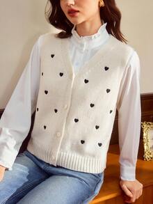 Vintamour Women's Heart Embroidery Front Button V-Neck Sweater Vest Autumn Winter Clothes For Women Thanksgiving - Apricot - View 6