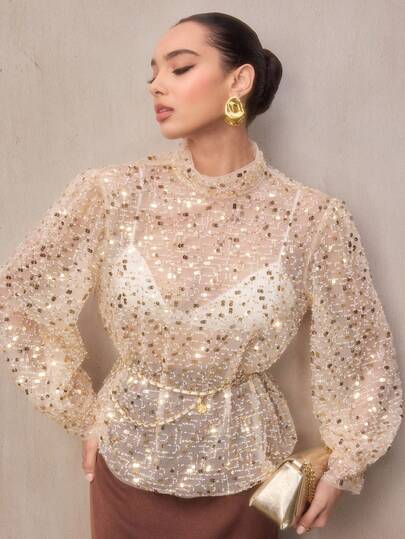 NOVVYNE 女式中式立领亮片灯笼袖荷叶边下摆时尚衬衫