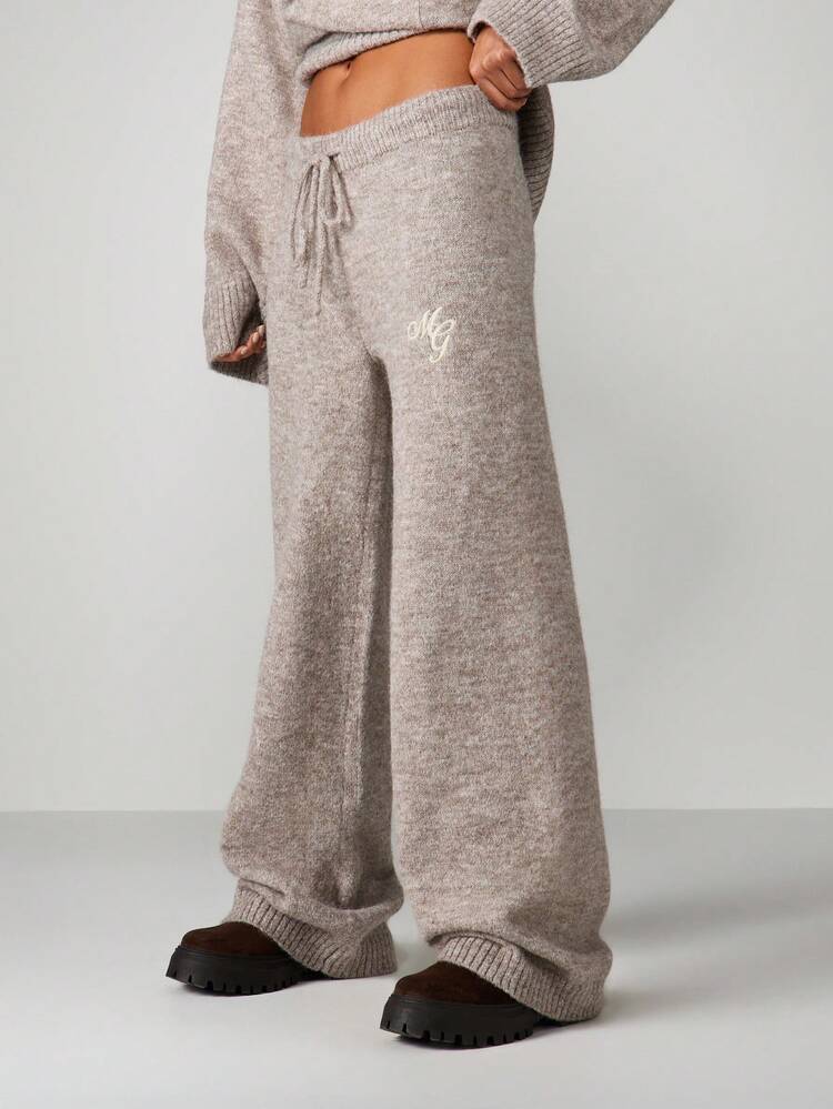 MISSGUIDED High Waist Straight Leg Knit Trousers With Embroidery Details Casual Lounge Pants For Women