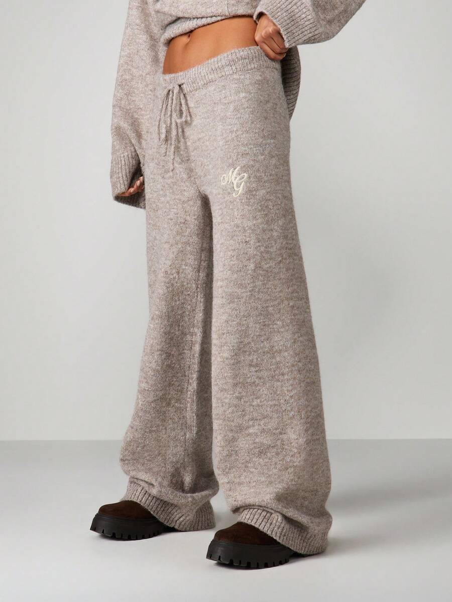 MISSGUIDED High Waist Straight Leg Knit Trousers With Embroidery Details Casual Lounge Pants For Women - Grey - View 1