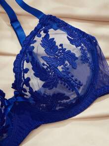 Charlaine 2 Stück Große Größen französischer Bügel-BH-Set, Spitze Stickerei Sexy Dessous, perfekte Büstenabdeckung, Lift - Blau - Übersicht 3