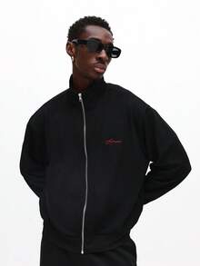 SUMWON 漏斗领纹理拉链夹克，带刺绣徽标细节，适合冬季休闲穿着 - 黑色 - 查看 5