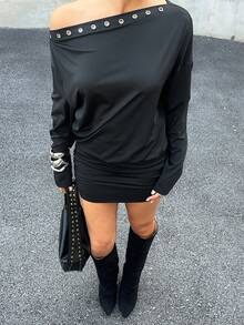 Siren Gaze Vestido mini con manga larga, hombro asimétrico y fruncido para mujer