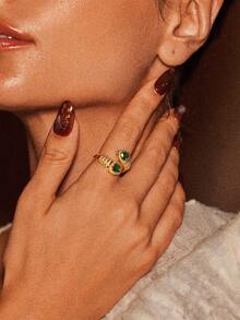 Glisma 18K镀金女士开口戒指，西式珠宝，复古风格，宝石镶嵌，适合秋冬季节，送给妈妈/女士/女孩/母亲，高档品质 - 金色 - 查看 5