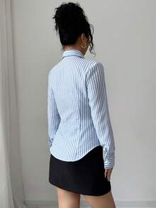 Franclia 女士时尚骑士刺绣棉质条纹长袖衬衫 - 彩色 - 查看 2