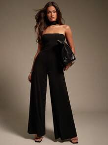 Hauture 性感休闲罗纹纯色两面穿吊带阔腿连体裤 - 黑色 - 查看 1