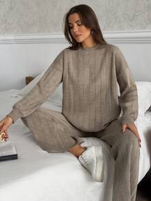 EURMUSE Muted Taupe Textured Knit Co-Ord With Drop-Shoulder Short Sleeve Top And Relaxed Fit Pants Featuring Subtle Vertical Ribbing - Mocha Brown - View 2